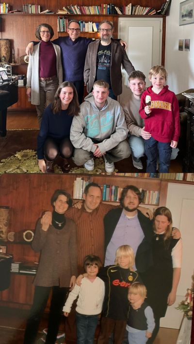 2 Fotos mit 2 Familien mit Kindern, einmal jung, einmal älter.